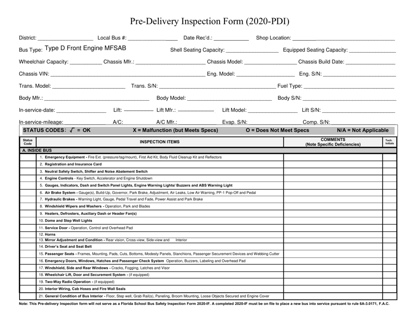 Form 2020-PDI Pre-delivery Inspection Form - Florida