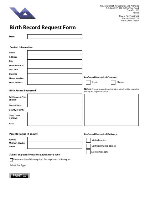 Birth Record Request Form - Kentucky