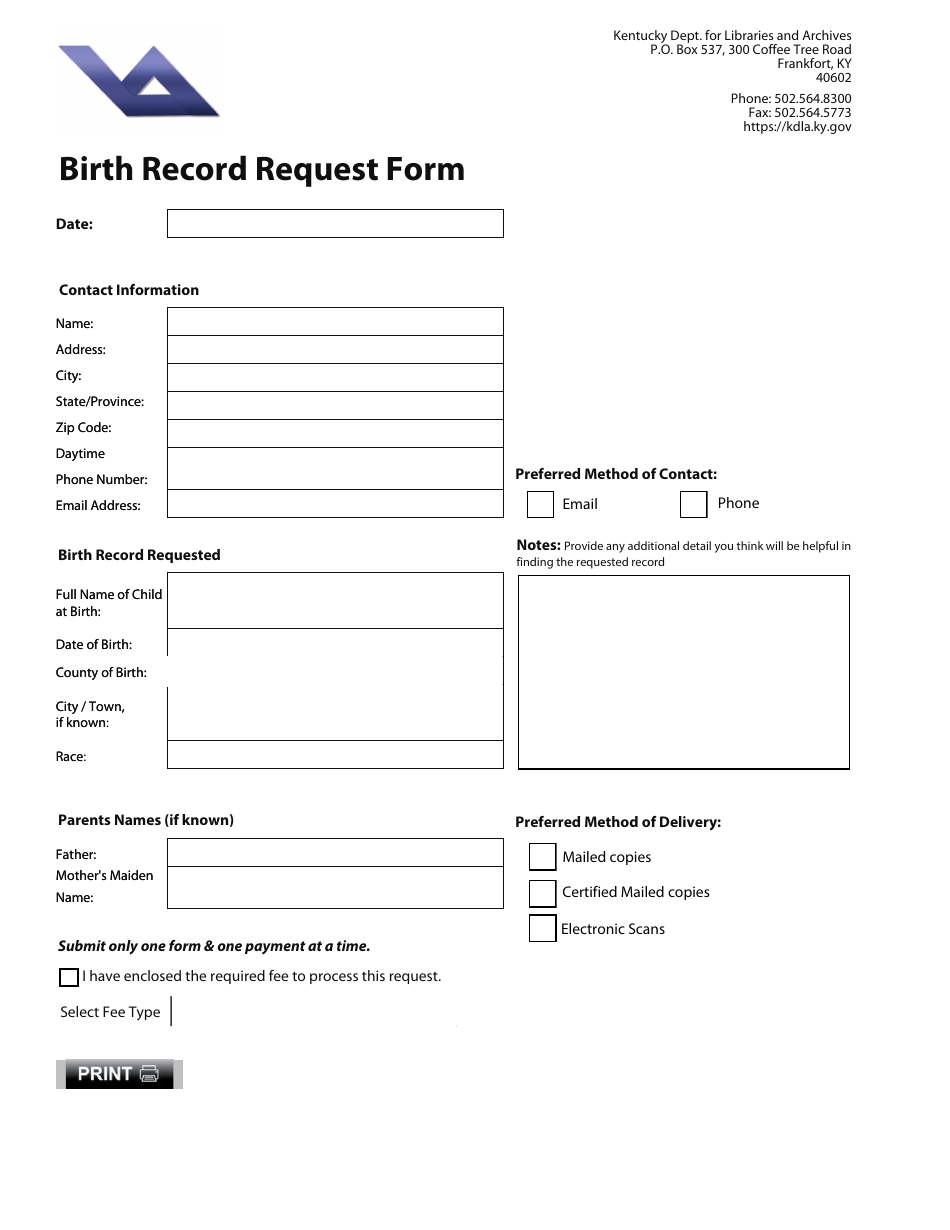 Birth Record Request Form - Kentucky, Page 1