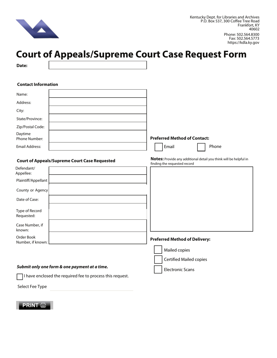 Court of Appeals / Supreme Court Case Request Form - Kentucky, Page 1
