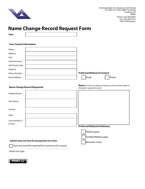 Name Change Record Request Form - Kentucky Download Pdf
