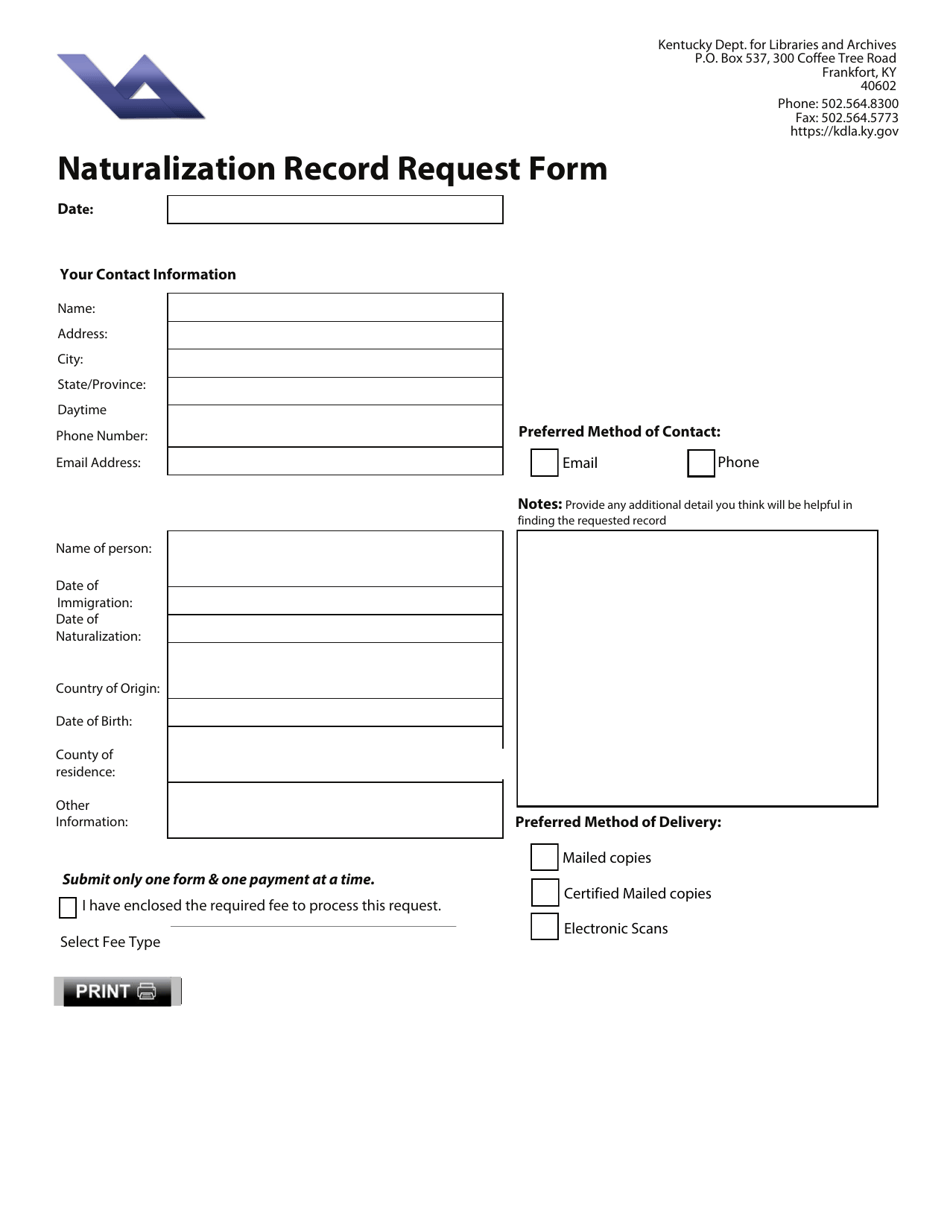 Naturalization Record Request Form - Kentucky, Page 1
