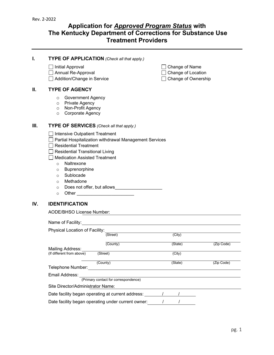 Application for Approved Program Status With the Kentucky Department of Corrections for Substance Use Treatment Providers - Kentucky, Page 1