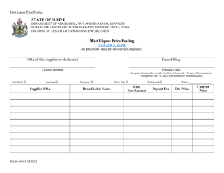 Document preview: Form BABLO/601 Malt Liquor Price Posting - Maine