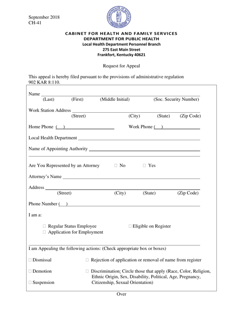 Form CH-41 Request for Appeal - Kentucky