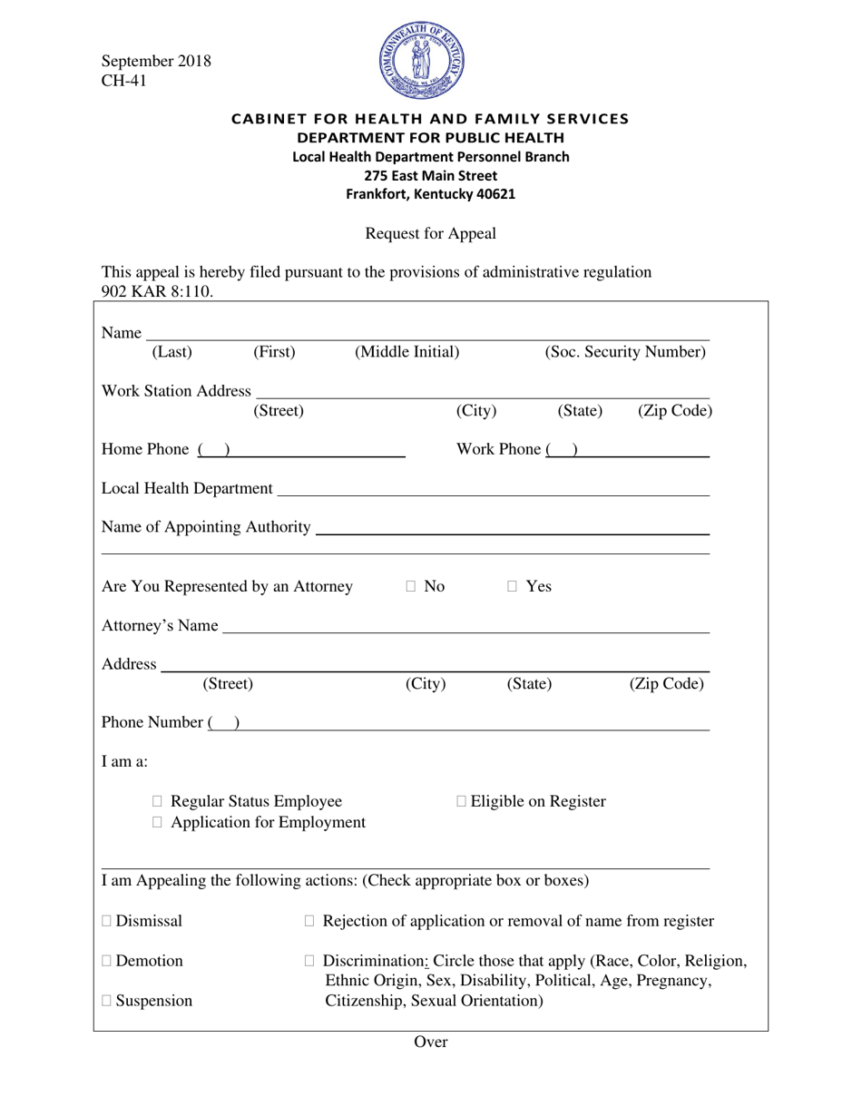 Form CH-41 Request for Appeal - Kentucky, Page 1