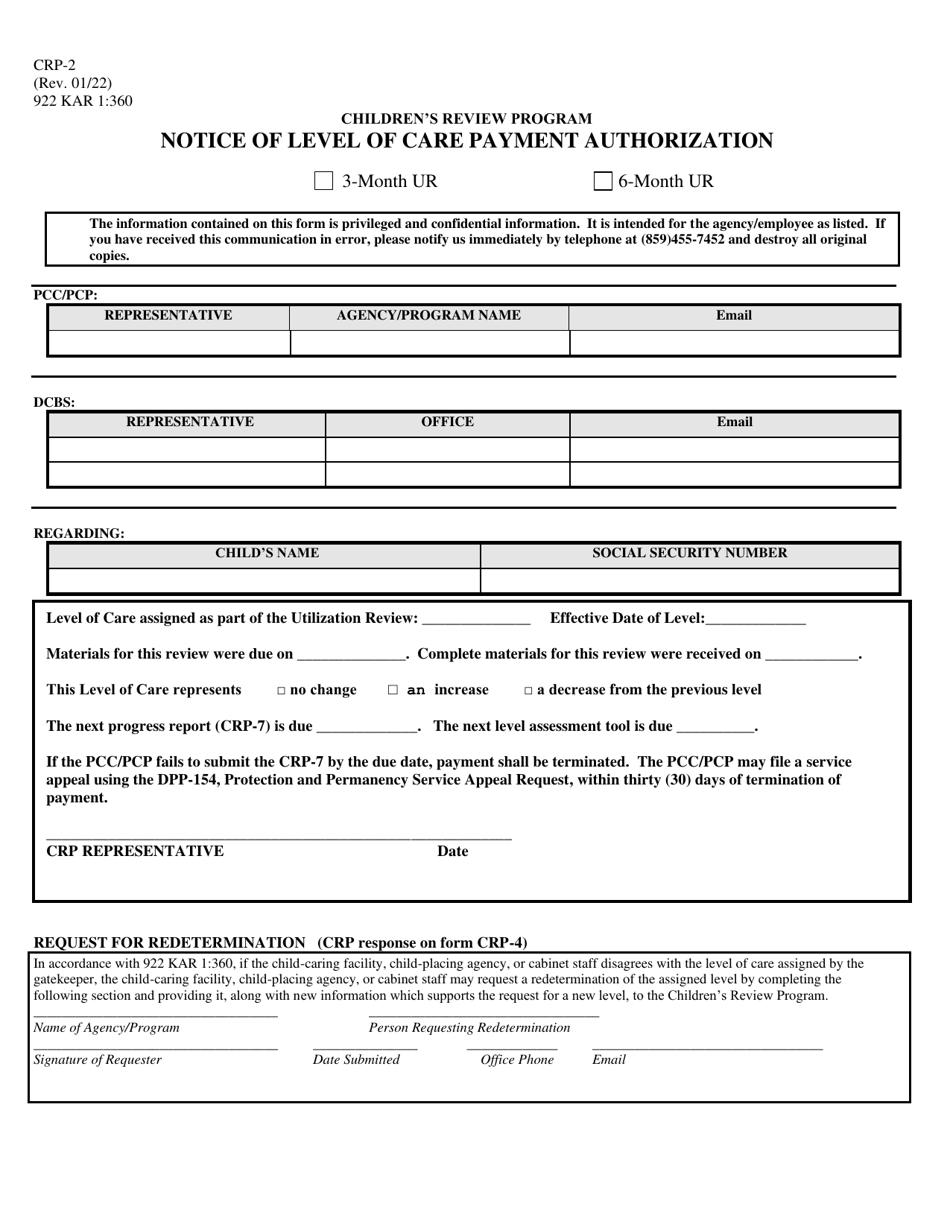 Form CRP-2 Notice of Level of Care Payment Authorization - Kansas, Page 1
