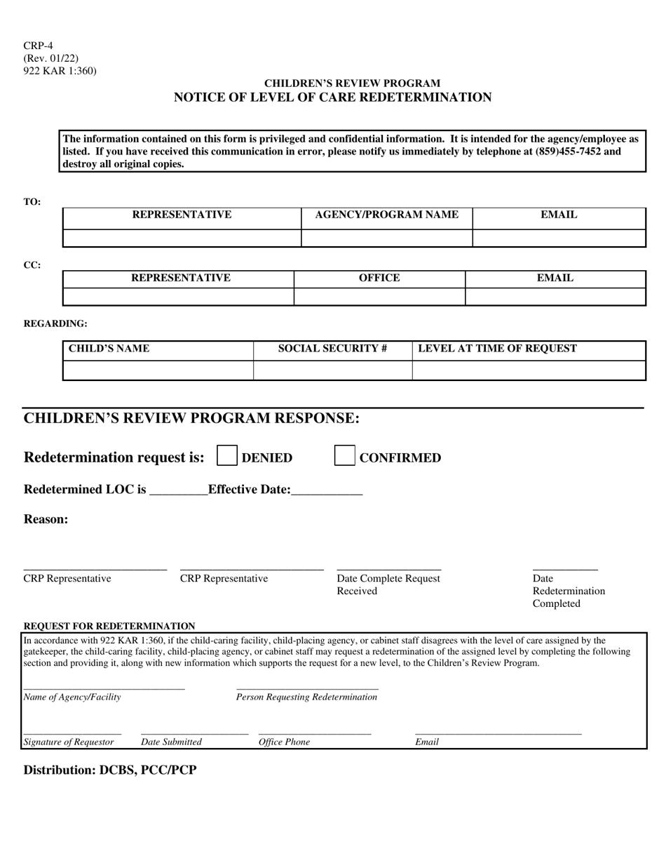 Form CRP-4 Notice of Level of Care Redetermination - Children's Review Program - Kentucky, Page 1