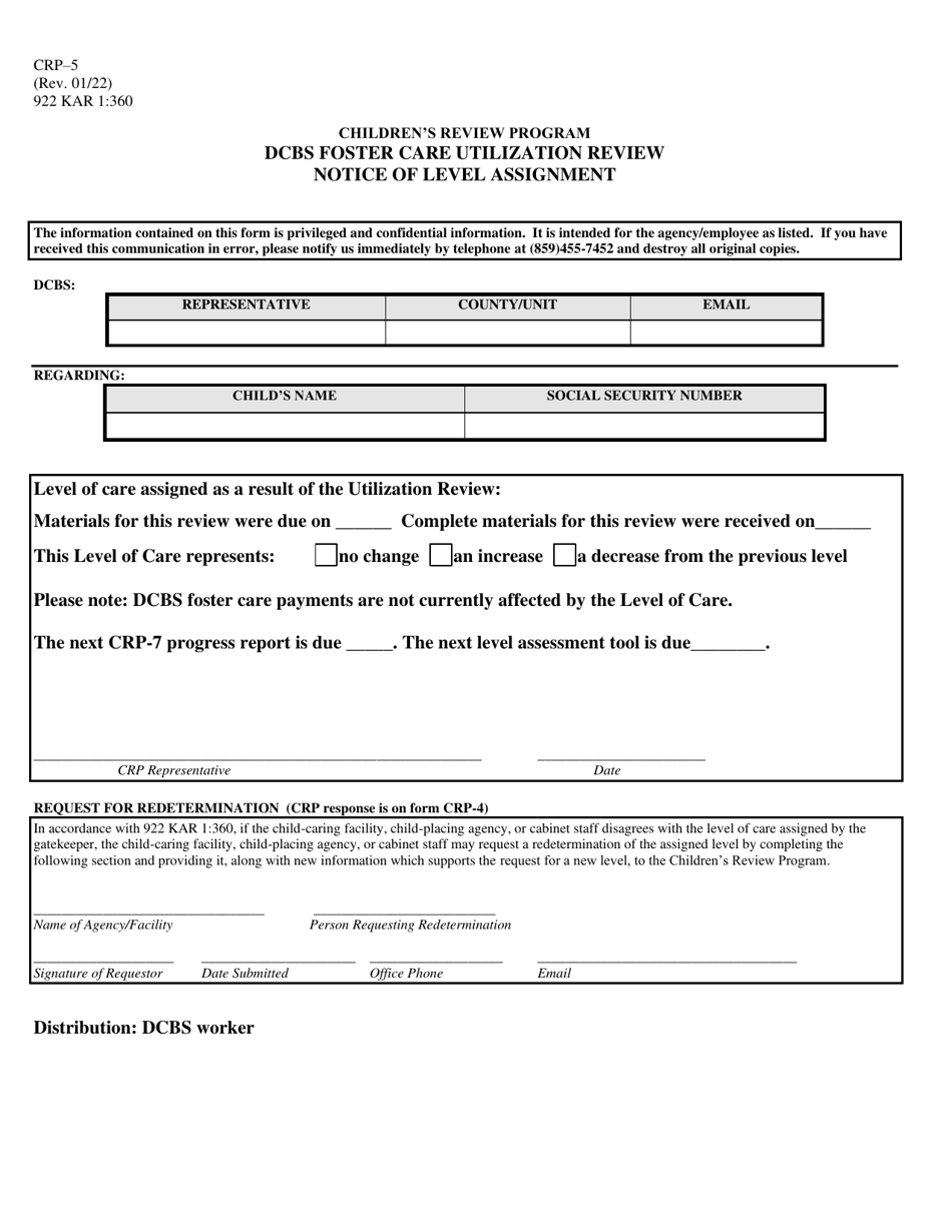 Form CRP-5 Dcbs Foster Care Utilization Review Notice of Level Assignment - Childrens Review Program - Kentucky, Page 1