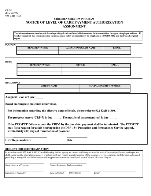 Form CRP-6 Notice of Level of Care Payment Authorization Assignment - Children's Review Program - Kentucky