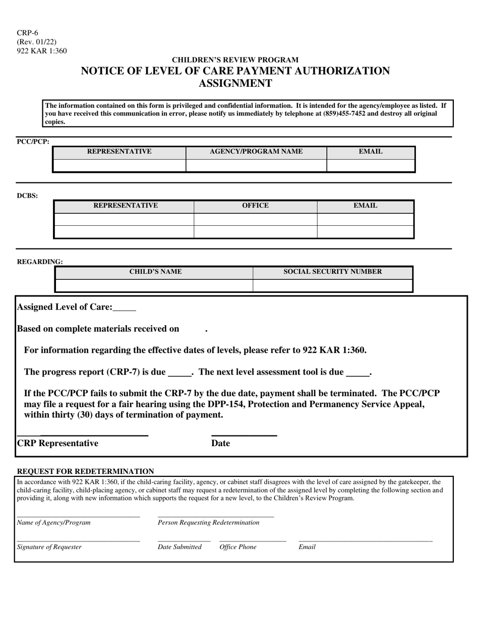 Form CRP-6 Notice of Level of Care Payment Authorization Assignment - Childrens Review Program - Kentucky, Page 1