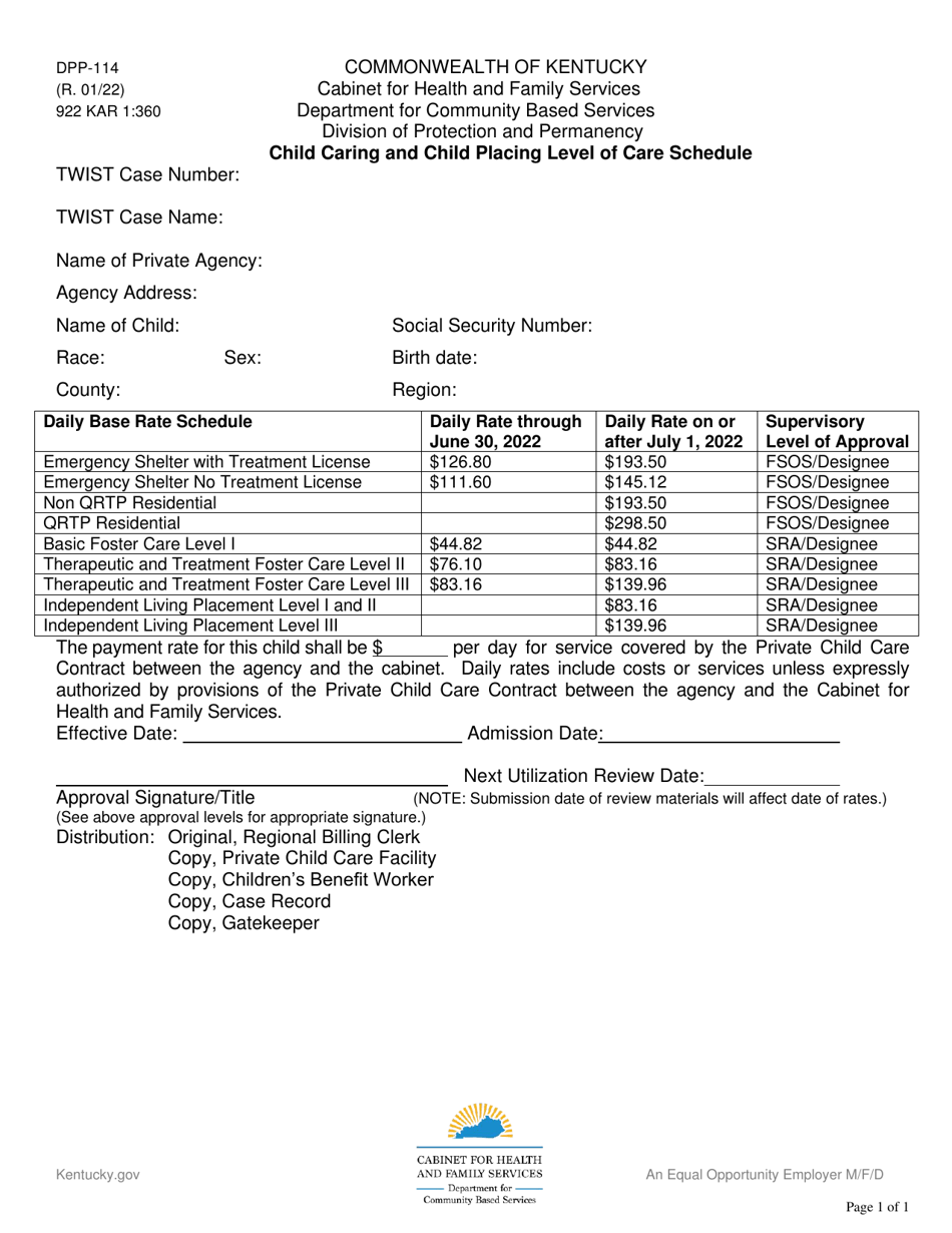 Form DPP-114 Child Caring and Child Placing Level of Care Schedule - Kentucky, Page 1