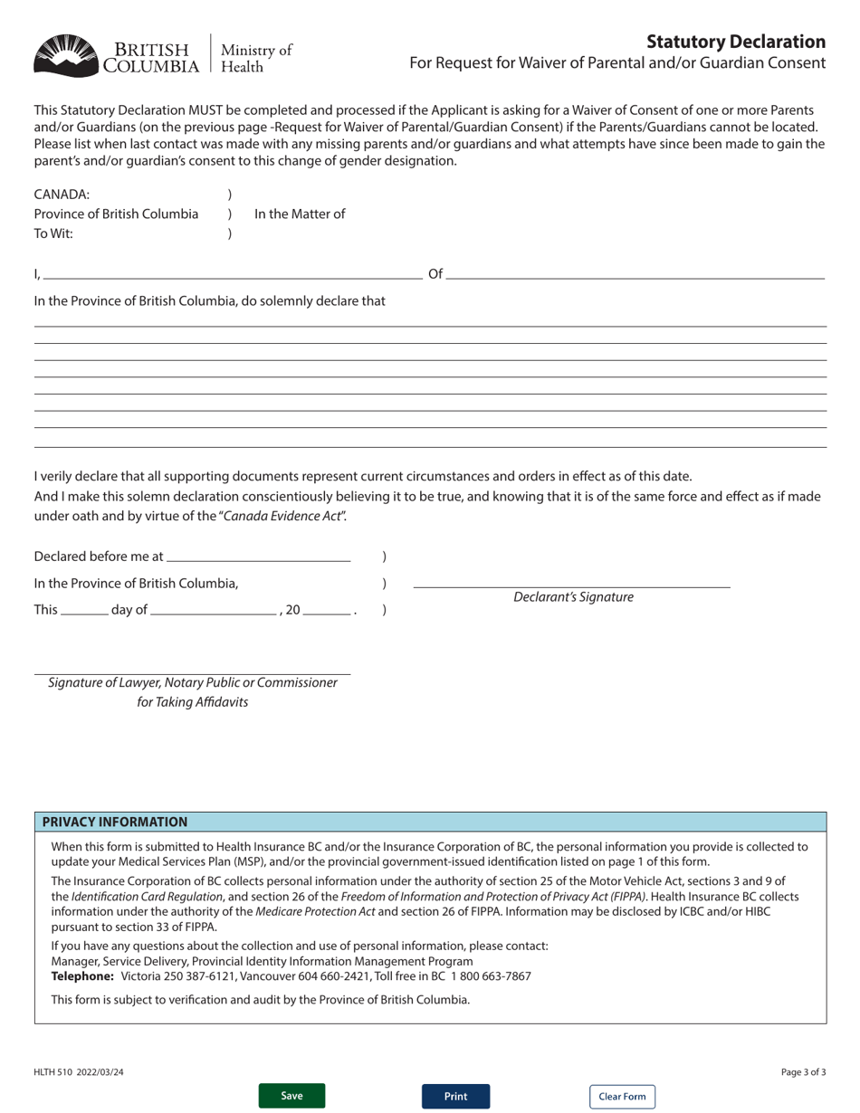 Form HLTH510 Request for Waiver of Parental and / or Guardian Consent for an Application for Change of Gender Designation (Minor) for Bc Services Card, Bc Drivers Licence or Bcid Card - British Columbia, Canada, Page 3