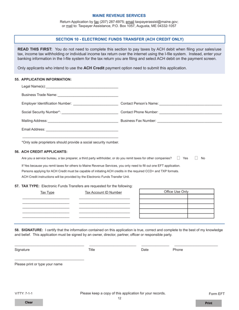 Form EFT Section 10 Electronic Funds Transfer (ACH Credit Only) - Maine