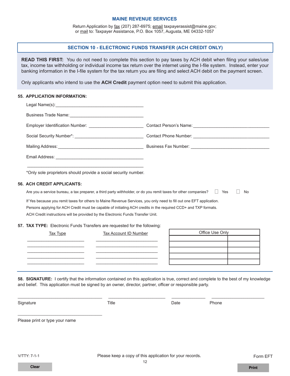 Form EFT Section 10 Electronic Funds Transfer (ACH Credit Only) - Maine, Page 1