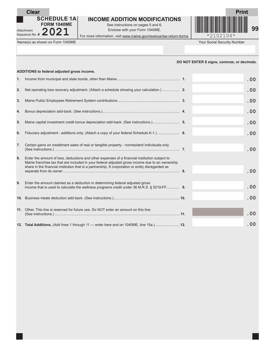 Form 1040ME Schedule 1A Income Addition Modifications - Maine, Page 1