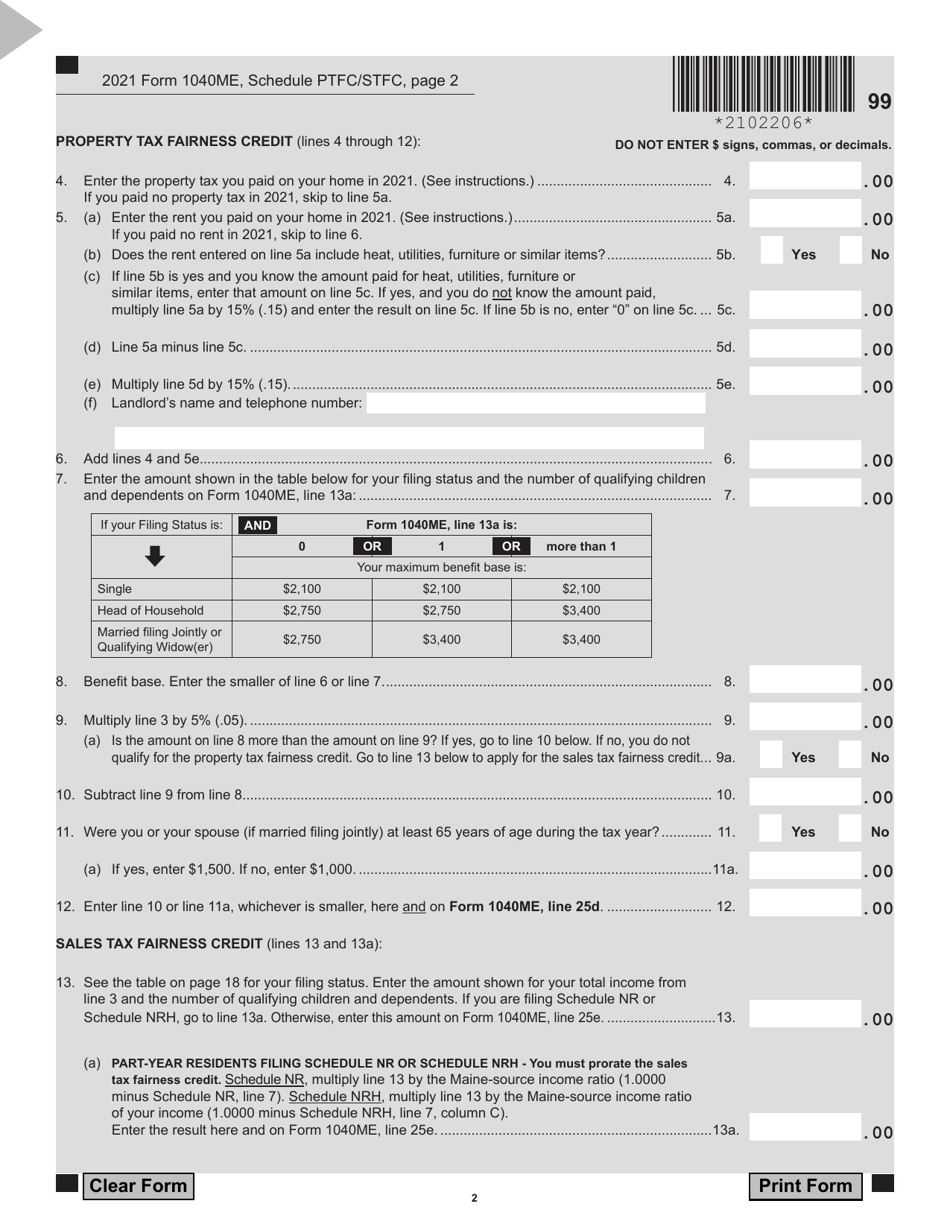 Form 1040ME Schedule PTFC / STFC Property Tax Fairness Credit Sales Tax Fairness Credit for Maine Residents and Part-Year Residents Only - Maine, Page 2
