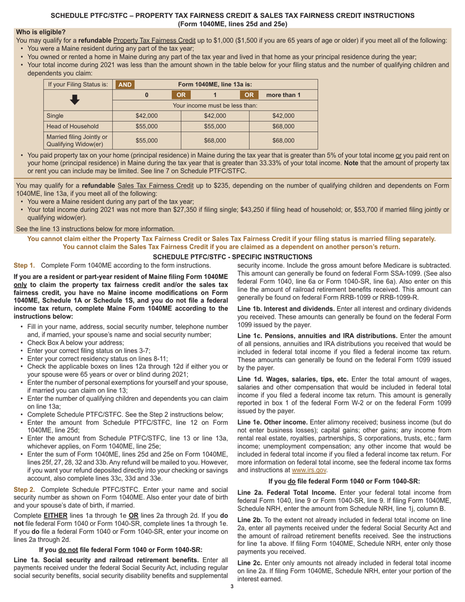 Form 1040ME Schedule PTFC / STFC Property Tax Fairness Credit Sales Tax Fairness Credit for Maine Residents and Part-Year Residents Only - Maine, Page 3