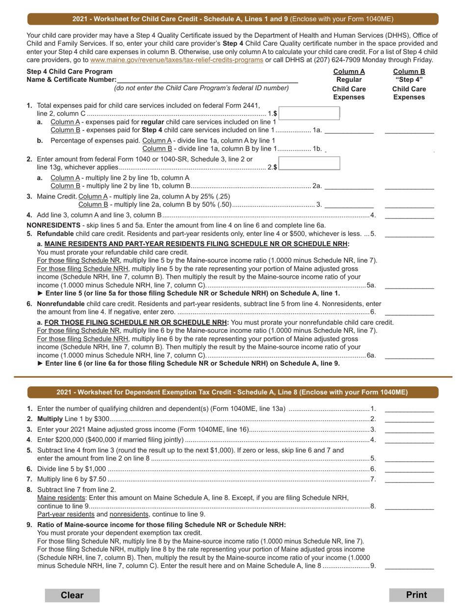 Form 1040ME Schedule A Adjustments to Tax / Child Care Credit Worksheet - Maine, Page 2