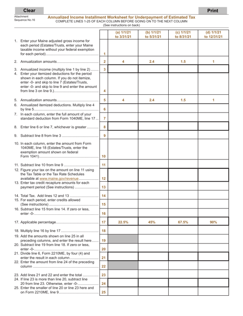 Form 2210 Annualized Income Installment Worksheet for Underpayment of Estimated Tax - Maine, 2021