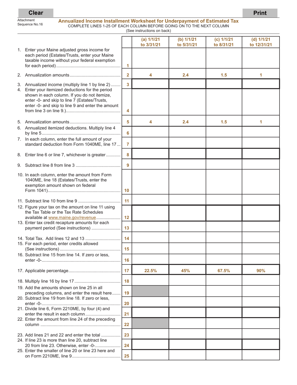 Form 2210 Annualized Income Installment Worksheet for Underpayment of Estimated Tax - Maine, Page 1