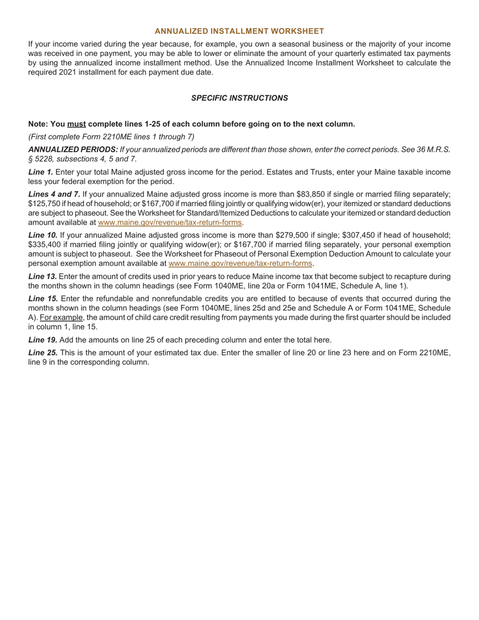 Form 2210 Annualized Income Installment Worksheet for Underpayment of Estimated Tax - Maine, Page 2
