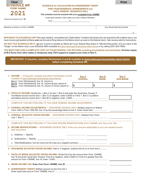 Form 1040ME Schedule NR 2021 Printable Pdf