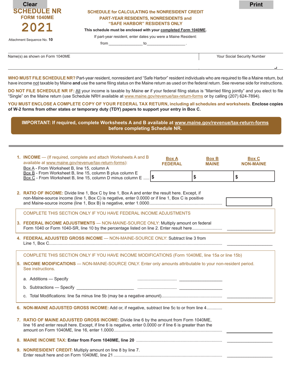 Form 1040ME Schedule NR Schedule for Calculating the Nonresident Credit - Part-Year Residents, Nonresidents and safe Harbor Residents Only - Maine, Page 1