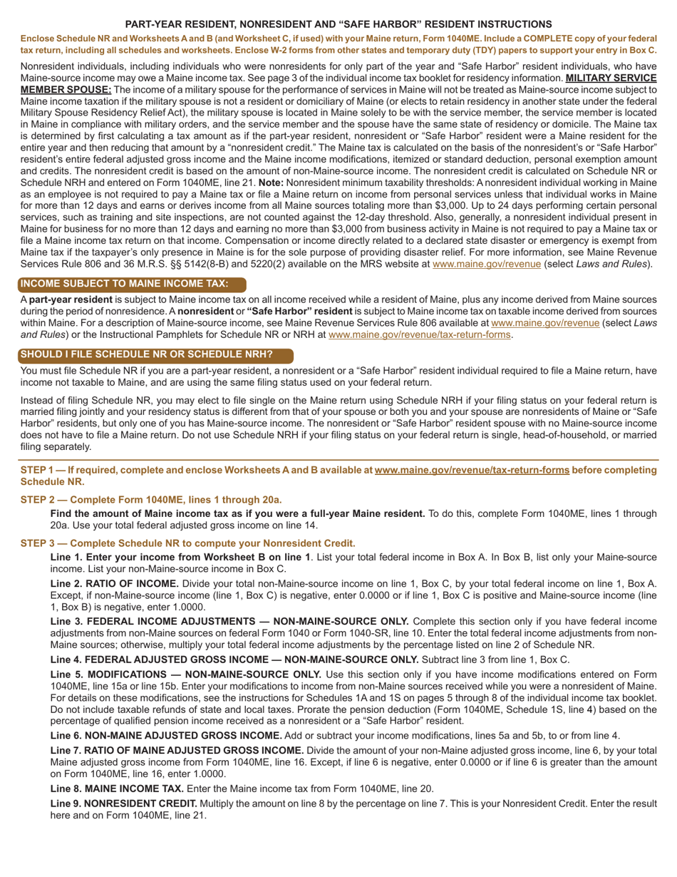 Form 1040ME Schedule NR Schedule for Calculating the Nonresident Credit - Part-Year Residents, Nonresidents and safe Harbor Residents Only - Maine, Page 2