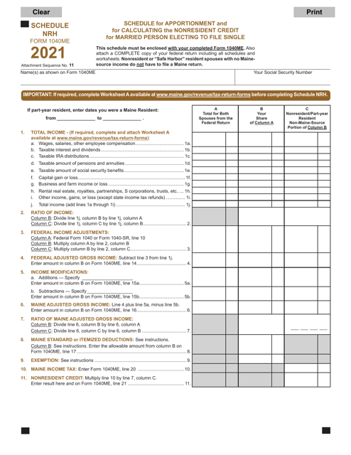 Form 1040ME Schedule NRH 2021 Printable Pdf