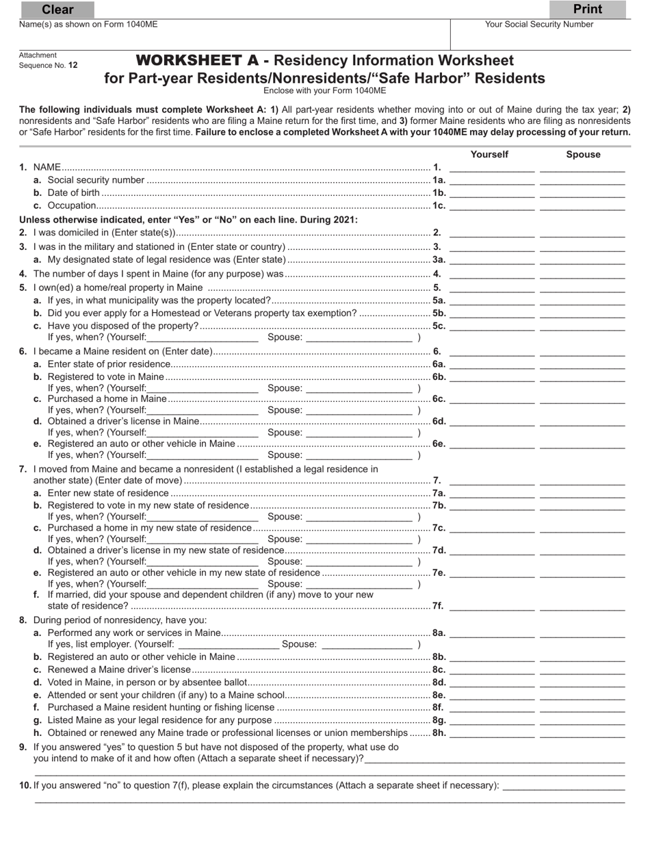 Form 1040ME Worksheet A, B Residency Information Worksheet and Income Allocation Worksheet for Part-Year Residents / Nonresidents / safe Harbor Residents - Maine, Page 1