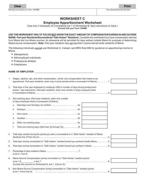Form 1040ME Worksheet C Employee Apportionment Worksheet - Maine