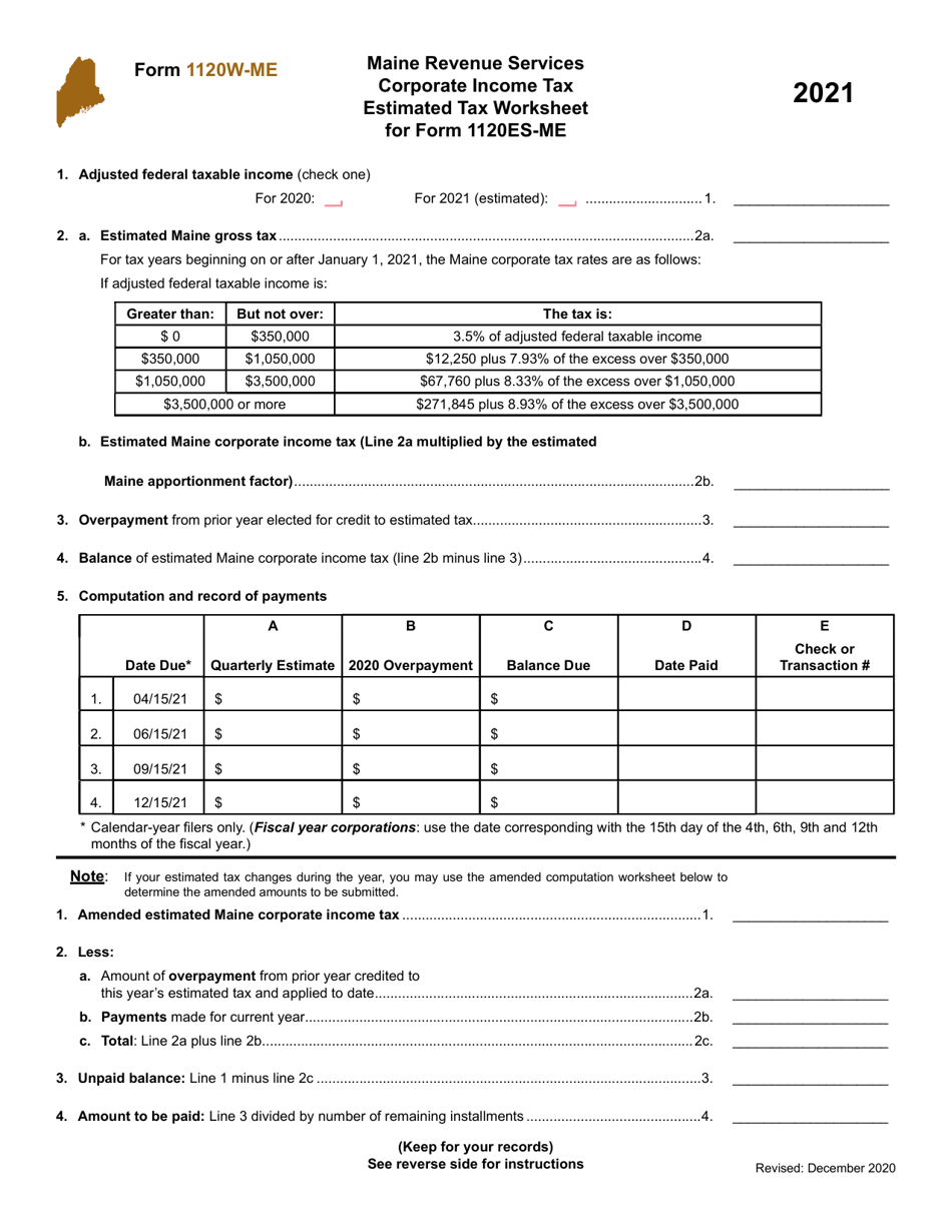 Form 1120W-ME Corporate Income Tax Estimated Tax Worksheet - Maine, Page 1