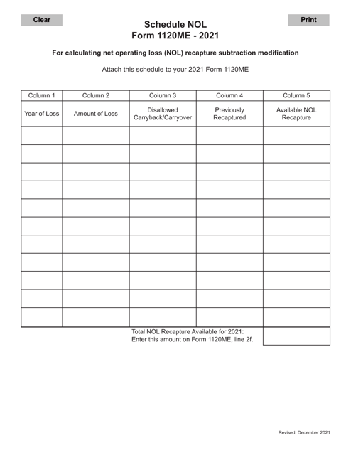 Form 1120ME Schedule NOL 2021 Printable Pdf