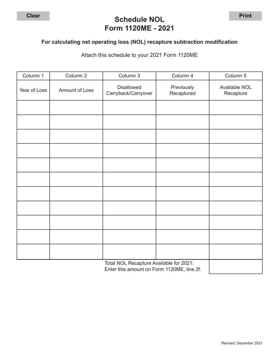 Form 1120ME Schedule NOL Schedule for Calculating Net Operating Loss (Nol) Recapture Subtraction Modification - Maine, Page 1