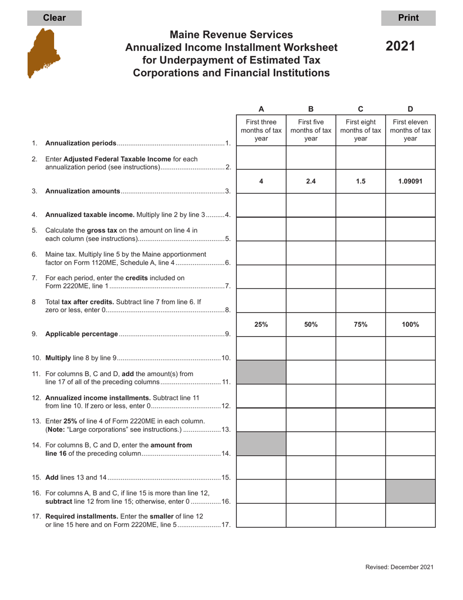 2021 Maine Annualized Installment Worksheet for Underpayment of