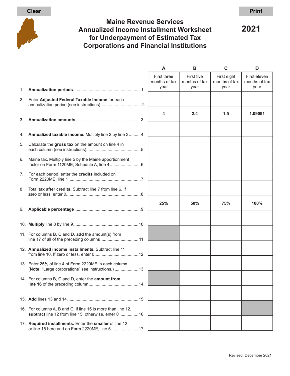 Annualized Income Installment Worksheet for Underpayment of Estimated Tax Corporations and Financial Institutions - Maine, Page 1