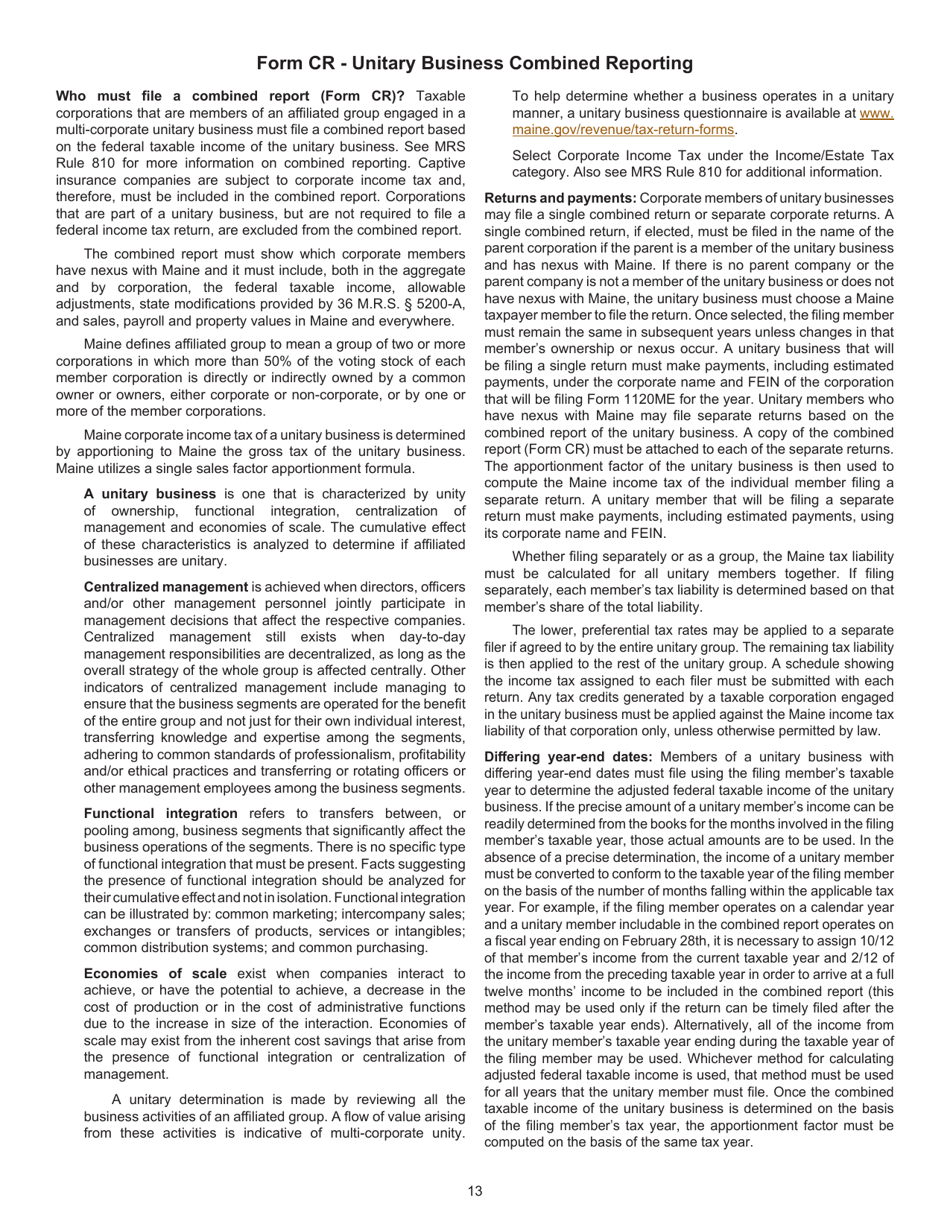 Instructions for Form 1120ME Maine Corporate Income Tax Return - Maine, Page 13