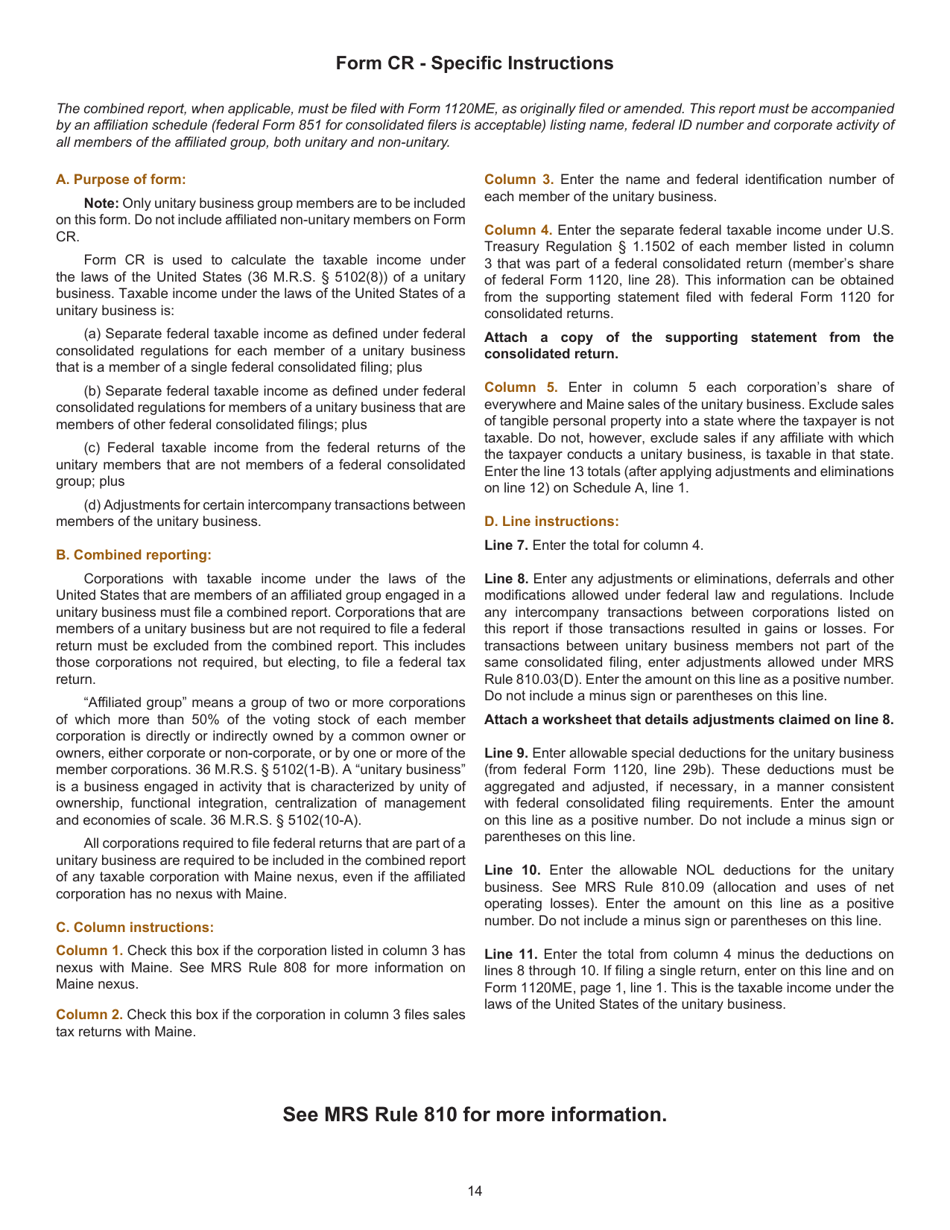 Instructions for Form 1120ME Maine Corporate Income Tax Return - Maine, Page 14