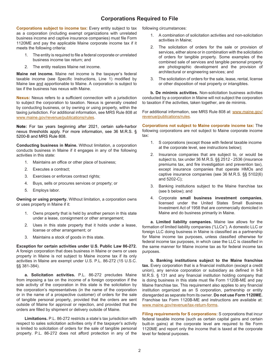 Instructions for Form 1120ME Maine Corporate Income Tax Return - Maine, Page 2