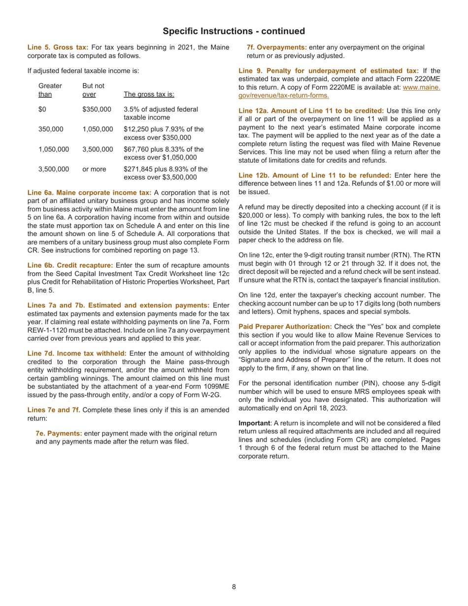 Instructions for Form 1120ME Maine Corporate Income Tax Return - Maine, Page 8
