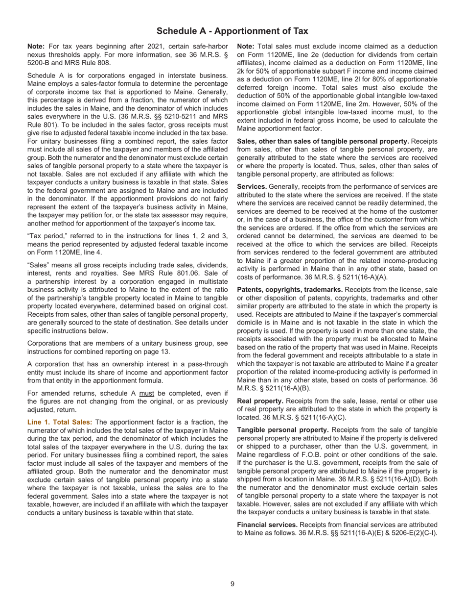 Instructions for Form 1120ME Maine Corporate Income Tax Return - Maine, Page 9