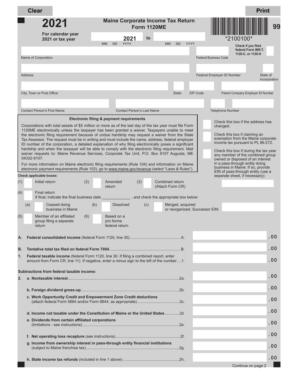 Form 1120ME Maine Corporate Income Tax Return - Maine, Page 1