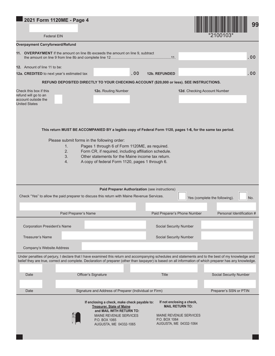 Form 1120ME Maine Corporate Income Tax Return - Maine, Page 4