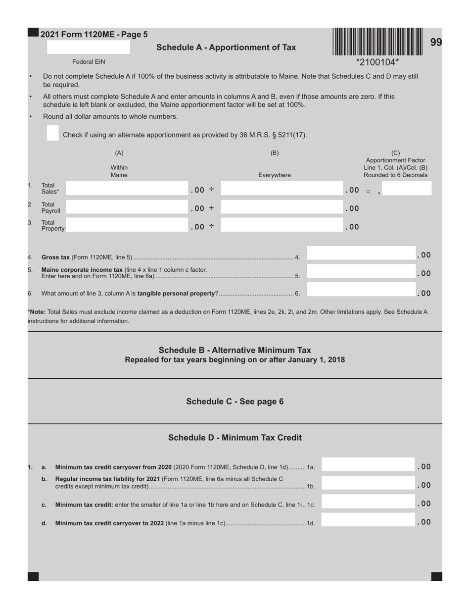 Form 1120ME Maine Corporate Income Tax Return - Maine, Page 5