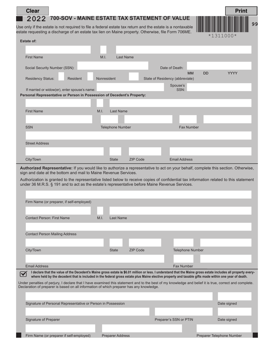 Form 700-SOV Maine Estate Tax Statement of Value - Maine, Page 1