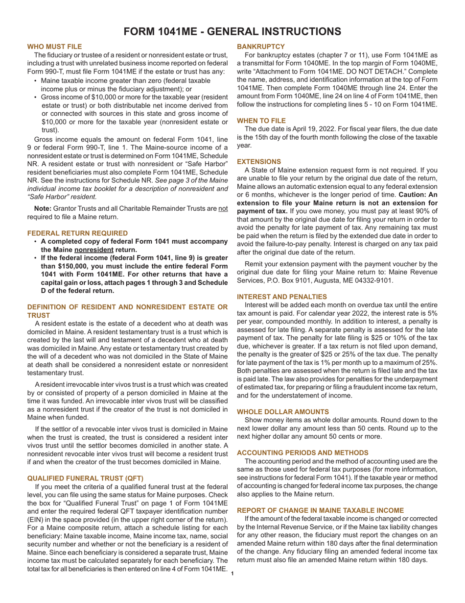 Instructions for Form 1041ME Income Tax Return for Resident and Nonresident Estates and Trusts - Maine, Page 1