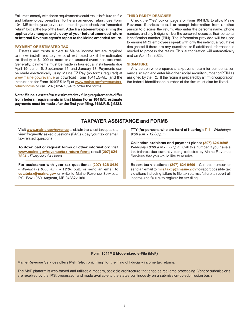 Instructions for Form 1041ME Income Tax Return for Resident and Nonresident Estates and Trusts - Maine, Page 2