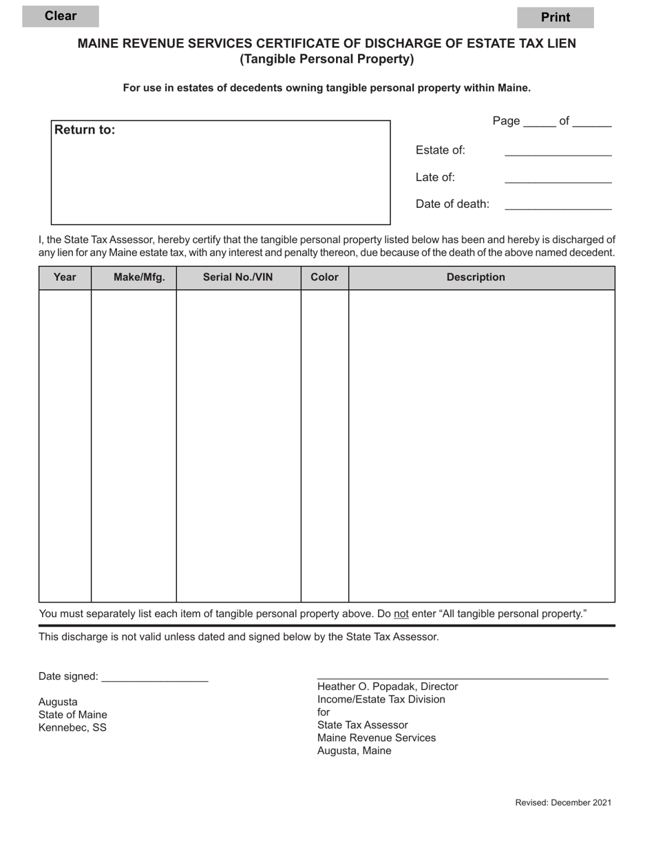 Certificate of Discharge of Estate Tax Lien (Tangible Personal Property) - Maine, Page 1