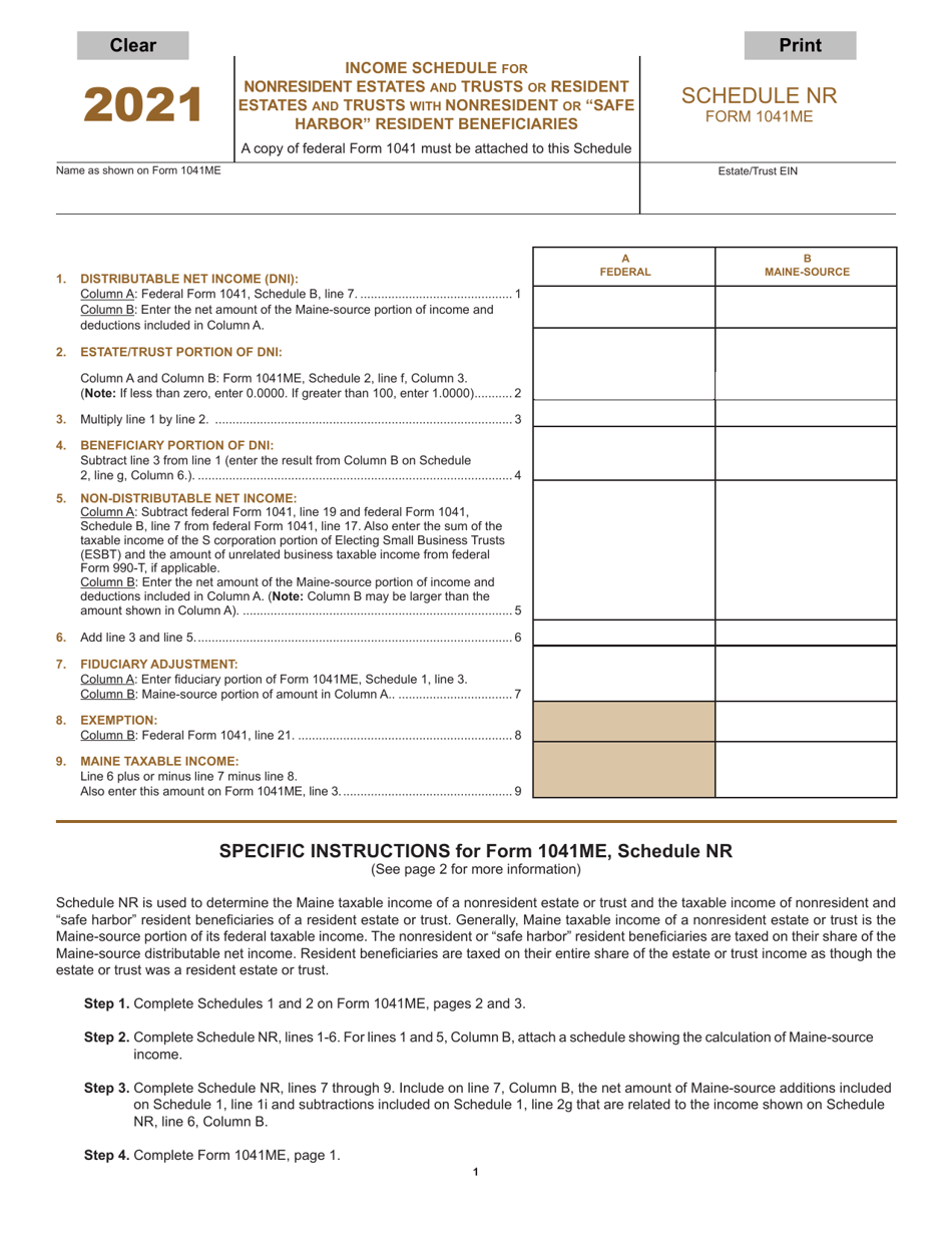 Form 1041ME Schedule NR Income Schedule for Nonresident Estates and Trusts or Resident Estates and Trusts With Nonresident or safe Harbor Resident Beneficiaries - Maine, Page 1